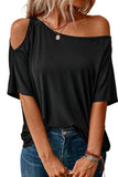 Black Solid Asymmetrical Neck Loose Casual T-Shirt