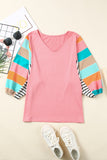 Rose Stripe Color Block Bubble Sleeve Top