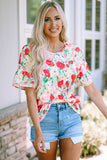 Red Floral Print Ruffled Short Sleeve V Neck Blouse