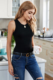 Solid Black Round Neck Ribbed Tank Top