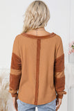 Orange Contrast Patched Exposed Seam Waffle Knit Henley Top