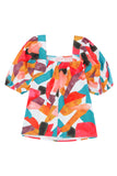 Multicolor Square Neck Abstract Print Short Sleeve Blouse