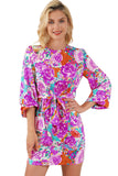 Purple Floral Keyhole Back Long Sleeve Belted Dress