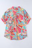 Multicolor Abstract Geometry Print Half Puff Sleeve Loose Shirt