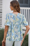 Sky Blue Paisley Pattern Print Drawstring V Neck Blouse