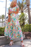 Multicolor Square Neck Puff Sleeve Tiered Floral Maxi Dress