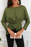 Green Lace-up Wrapped Split Hem Solid Long Sleeve Top