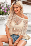 Apricot Fishnet Knit Ribbed Round Neck Short Sleeve Sweater Tee