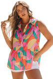 Multicolor Abstract Geometry Print Half Puff Sleeve Loose Shirt