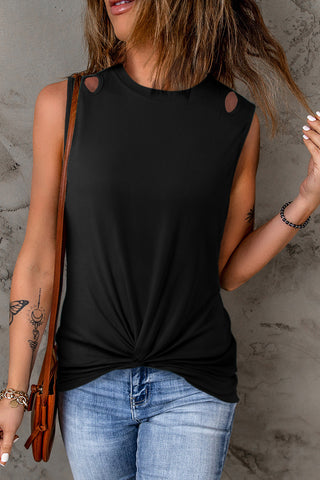 Blue Rib Knit Cut-out Front Twist Tank Top