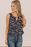 Blue Cutout Decor Round Neck Floral Tank Top