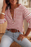 White Striped Print Ruffled Buttoned Long Sleeve Top