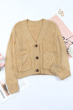 Green Front Pockets Buttons Textured Cardigan