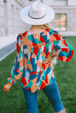 Multicolor Abstract Pattern Crewneck Ruffled Puff Sleeve Blouse