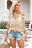 Apricot Fishnet Knit Ribbed Round Neck Short Sleeve Sweater Tee