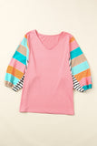 Rose Stripe Color Block Bubble Sleeve Top