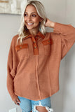 Brown Waffle Knit Button Contrast Trim Long Sleeve Top