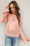 Pink Hollowed Eyelets Knit Bell Sleeve Sweater