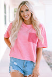 Pink Lace Patch Pocket Long Sleeve T-shirt