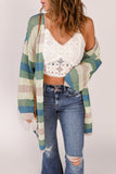 Blue Striped Color Block Hollowed Knit Cardigan