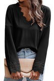 Apricot Ribbed Texture Lace Trim V Neck Long Sleeve Top