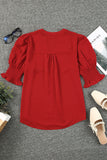 Red Solid Color Half Sleeve V Neck Blouse