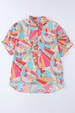 Multicolor Abstract Geometry Print Half Puff Sleeve Loose Shirt