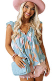 Sky Blue Splotches Pattern Ruffled Cap Sleeve Shift Top