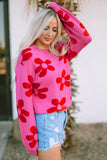 Rose Big Flower Knit Ribbed Trim Sweater