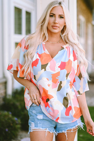 Multicolor Floral Print V Neck Half Sleeve Blouse