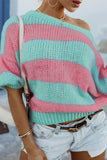 Green Contrast Striped Drop Shoulder Loose Sweater