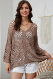 Khaki Hollowed Knit V Neck Dolman Sleeve Sweater