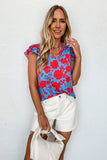 Red Floral Ruffled Cap Sleeve V-Neck Shift Blouse