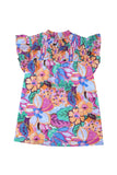 Multicolor Floral Print Flutter Sleeves Smocked Neck Blouse