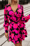 Rose Floral Print V Neck Wrap Bishop Sleeve Ruffle Tiered Mini Dress