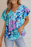 Sky Blue Abstract Print V Neck Flutter Sleeve Blouse