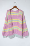 Pink Contrast Striped Open Front Cable Cardigan