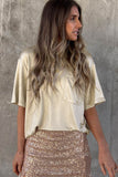 Apricot Glitter Chest Pocket Round Neck Long Sleeve Top