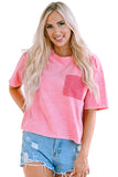 Pink Lace Patch Pocket Long Sleeve T-shirt