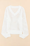 White Hollow Out Knitted Loose Fit V Neck Sweater