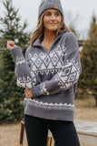 Gray Western Geometric Printed Quarter Zip Pullover Sweater