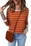 Brown Extend Color Block Cuffs Rib Knit Striped Pullover