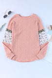 Pink Leopard Sequin Splicing Sleeves Textured Knit Top