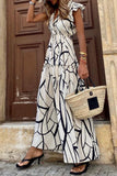 White Abstract Vein Print V Neck Ruffle Maxi Dress