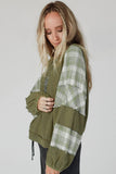 Green Plaid Patch Waffle Knit Exposed Seam Bubble Sleeve Top