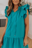 Green Tiered Ruffled Sleeves Mini Dress with Pockets