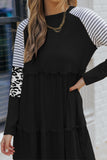 Black Striped Leopard Patchwork Long Sleeve Mini Dress