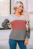 Red Wild Leopard Contrast Sleeve Colorblock Waffle Knit Top